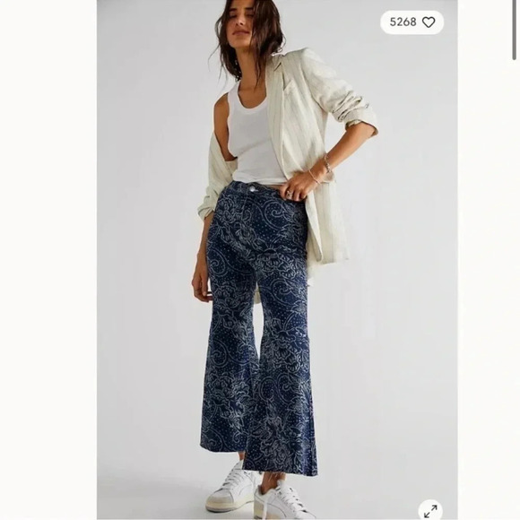 Free People Printed Crop Flare Jeans High Rise Denim Ankle Blue We The Free - Picture 3 of 17